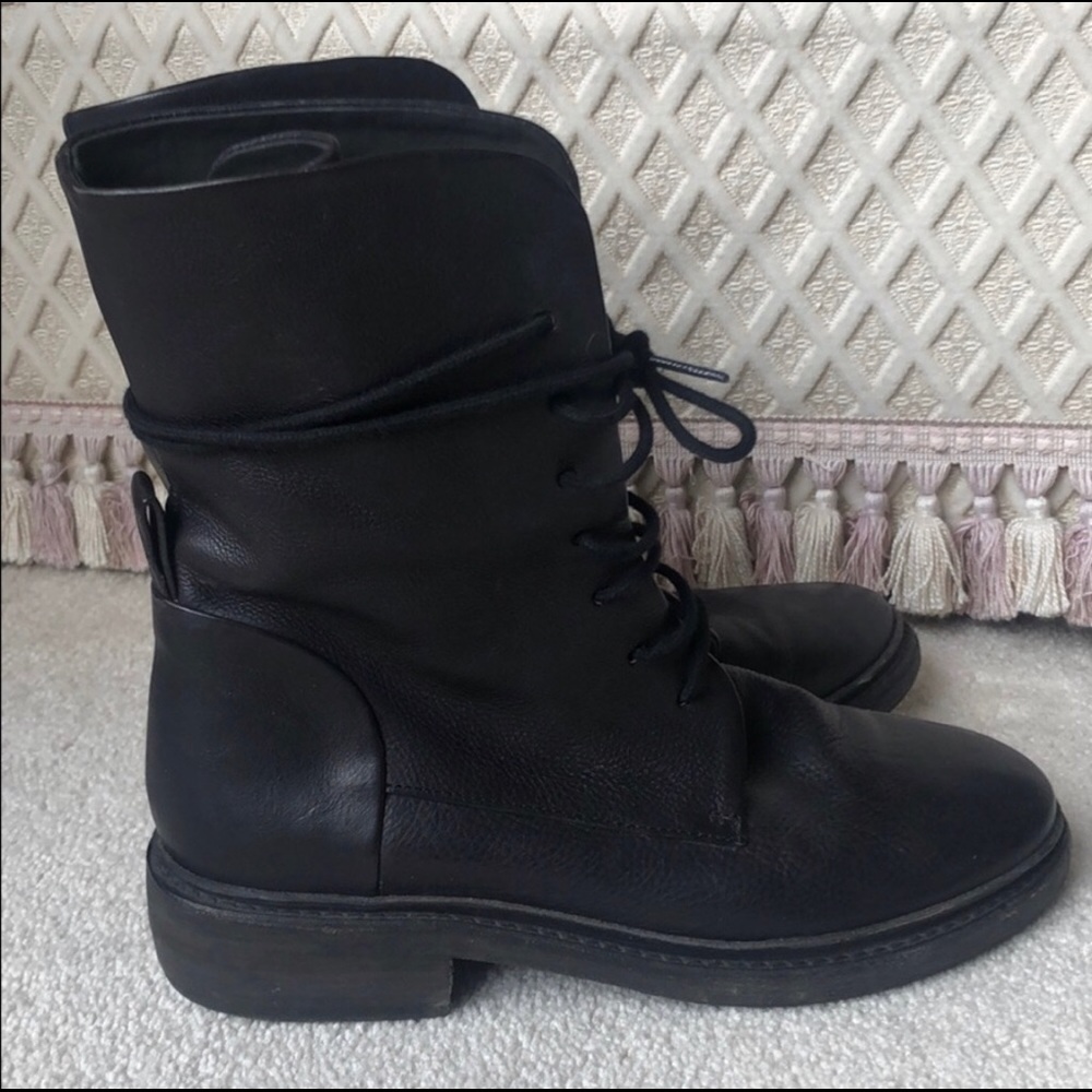 P Monjo Black Leather Combat Boots
